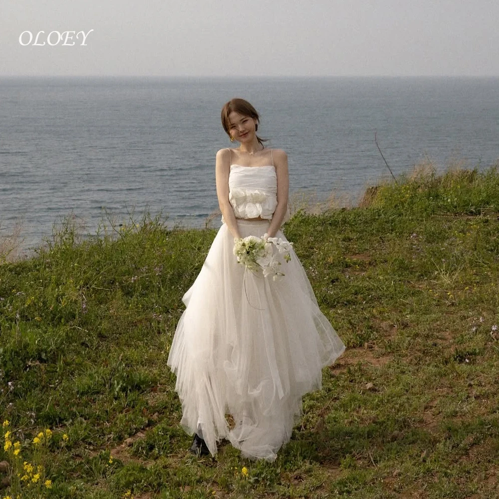 OLOEY New Simple Tulle Tiered 2PCS Korea Wedding Dresses Sleeveless Photoshoot Floor Length Corset Bridal Gowns Customised 2025