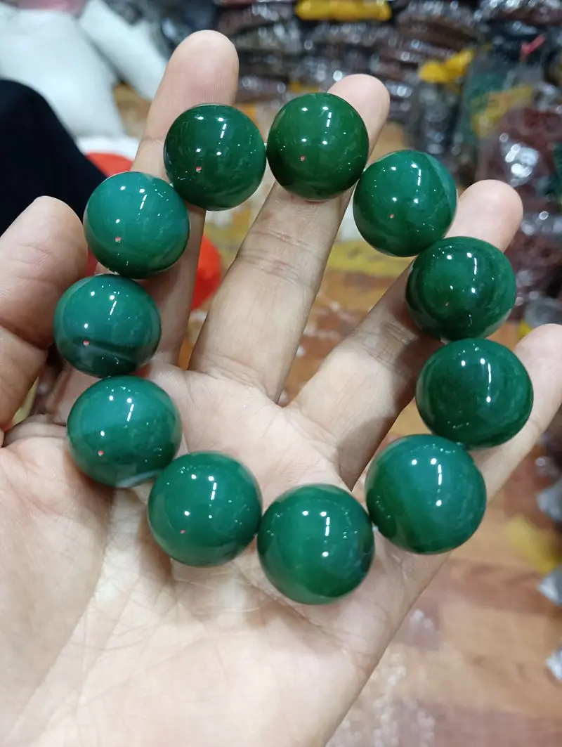 20mm Nature Green Agate Bangle Mala Bead Bracelet Rosary Amulet Chalcedony Festive Talisman