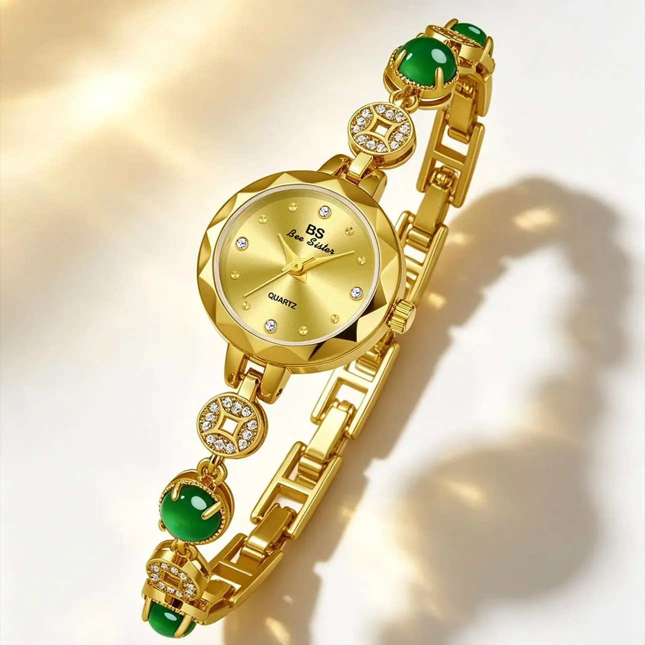 High-end Luxury Woman Watch Elegant Crystal Small Dial Quartz Watches Green Jade Gold Bracelet Ladies Wristwatch Gift