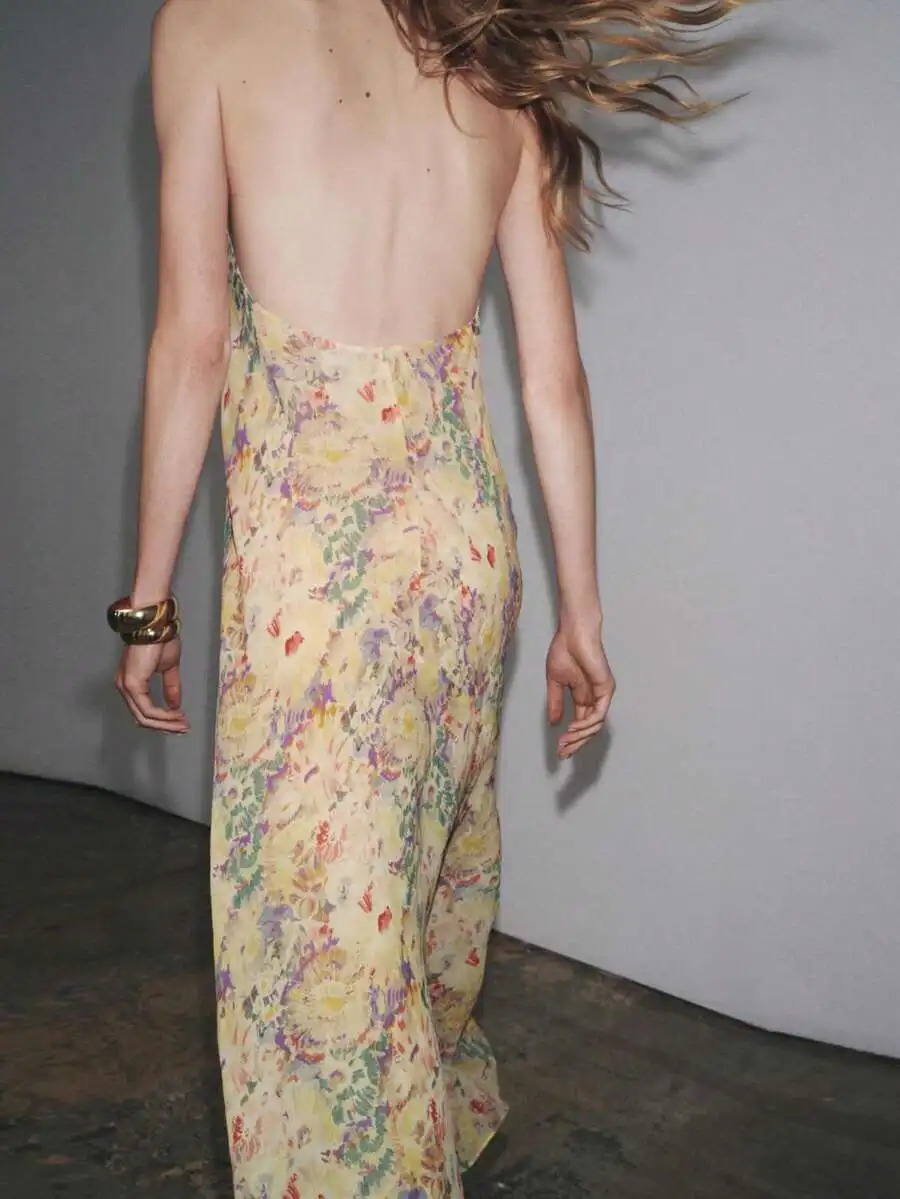 Vestido largo floral sin mangas con cuello halter para mujer, estilo bohemio, corte en A, para verano