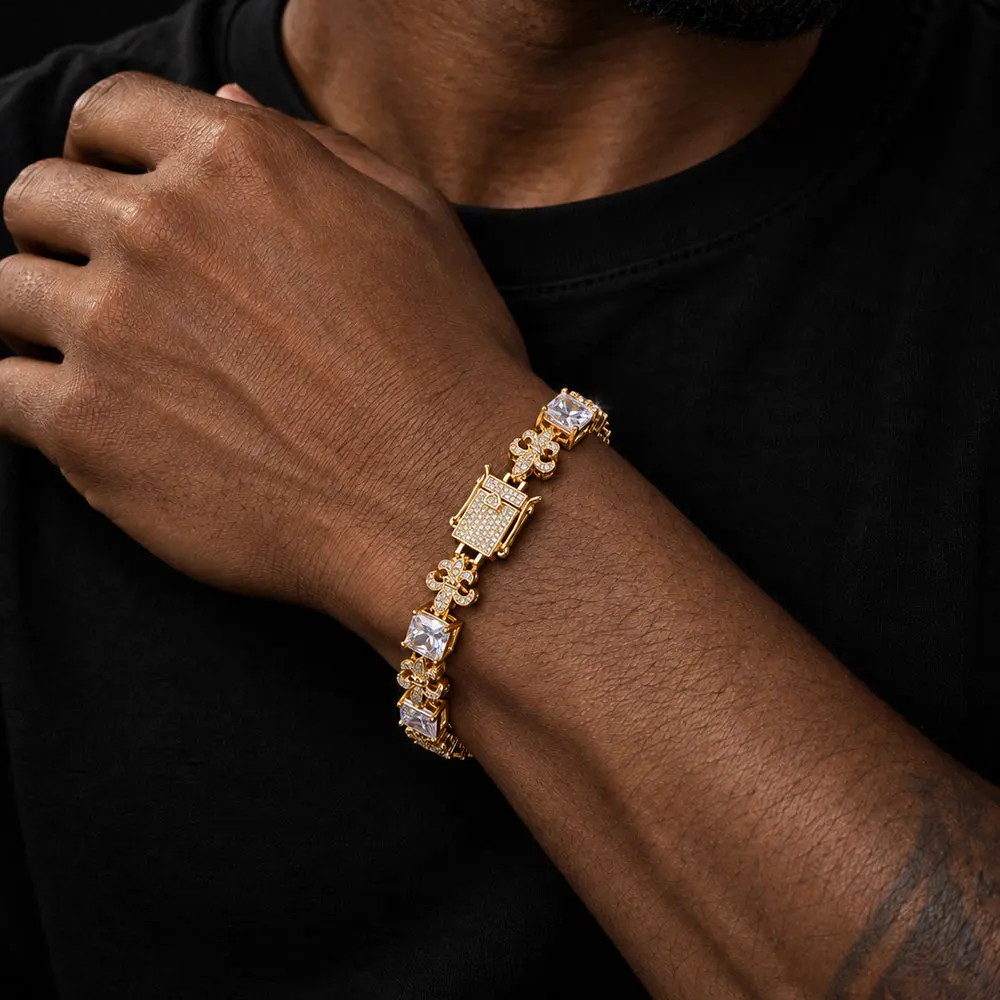 Nuoya Iced Out Fleur De Lis Bracelet for Men Square CZ Stone Hip Hop Luxury Box Clasp Gold Silver Plated Jewelry Wholesale