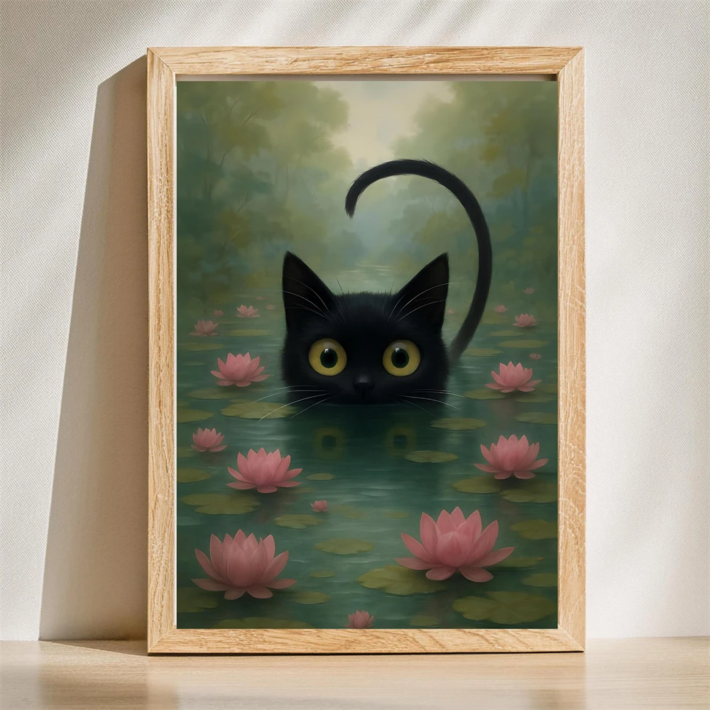 1pc frameless Canvas Painting Monet Inspired Cat Art Print Whimsical Water Lilies Canvas Painting Poster Monet Waterlily Cat Art