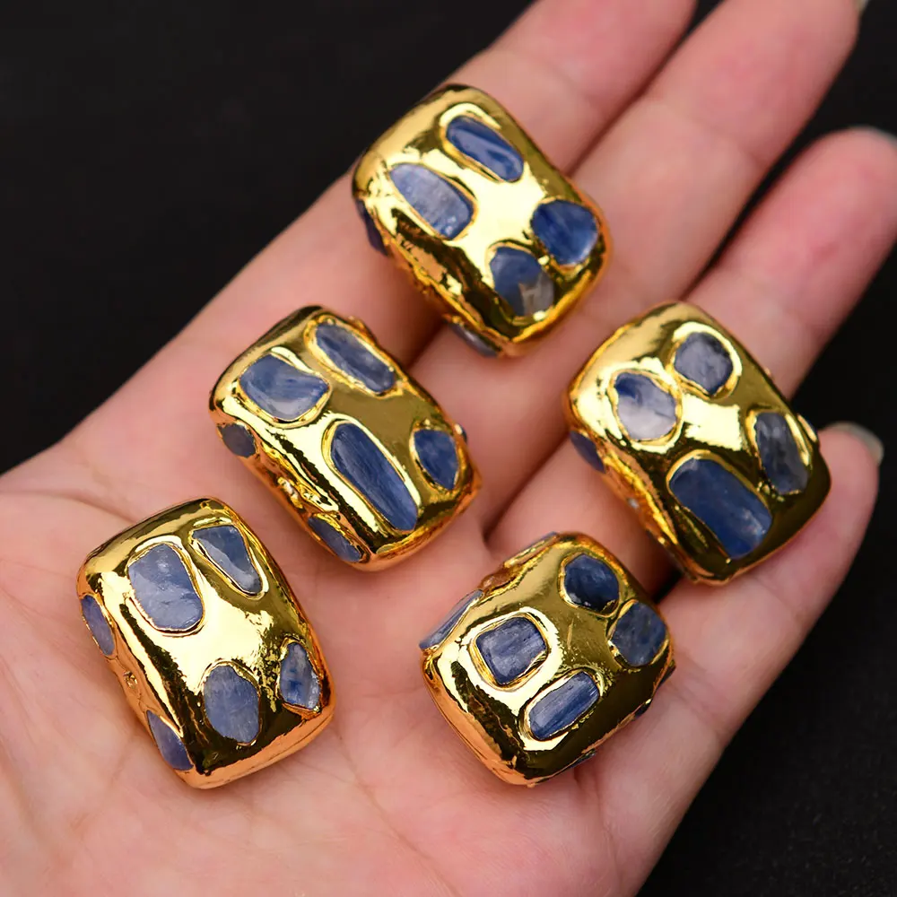 APDGG Wholesale 5 Pcs Big Gold Edged Natural Blue Kyanite Rectangle Beads Gold Trim Accessories Jewelry Findings DIY