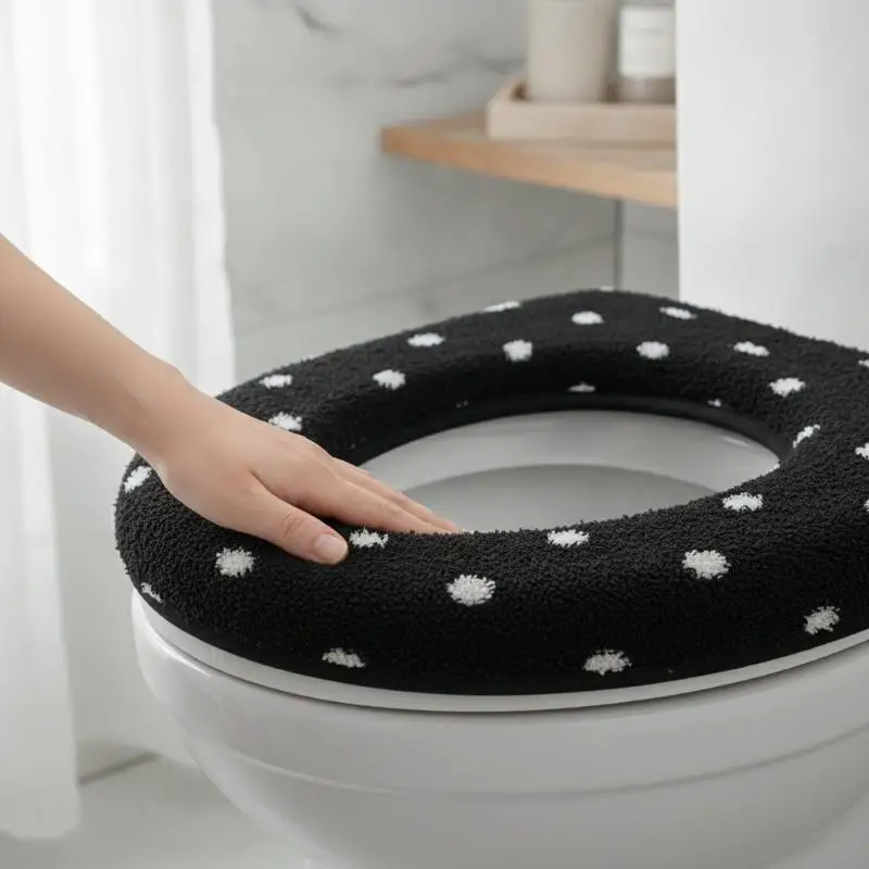Thick Soft Plush Toilet Seat Cover Cute Polka Dot Warm Comfortable Touch For Home Bathroom Winter Daily Use