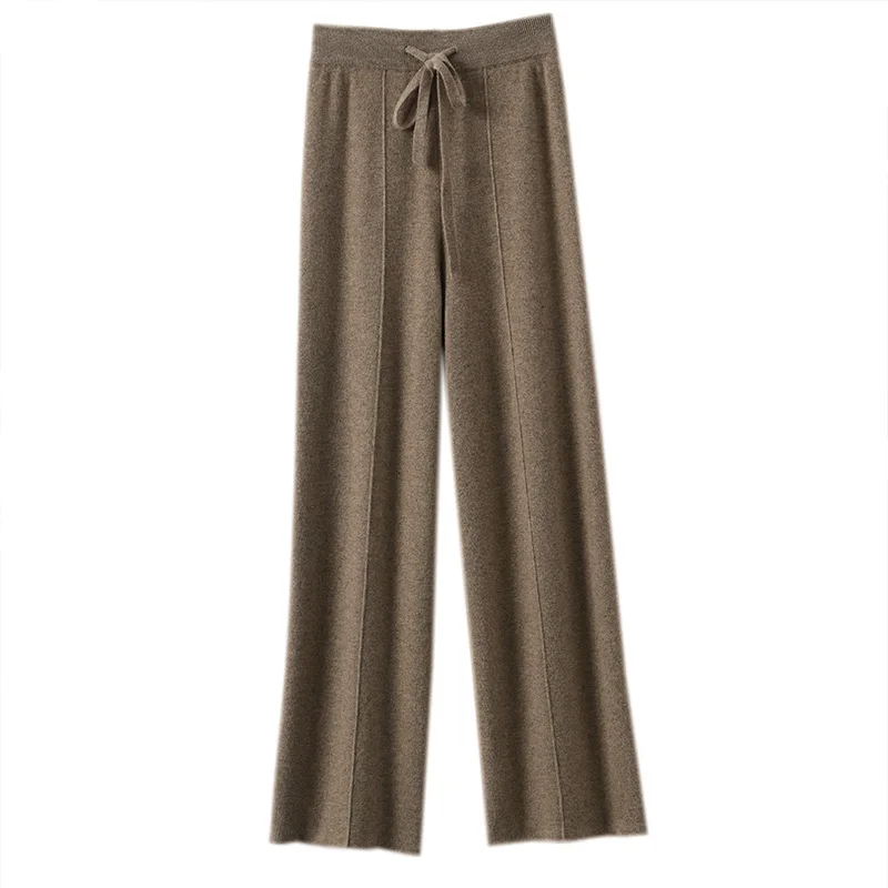 New Knitted Women Pant High Strecth Casual Trousers High Waist Drawstring Slim Fit Wide Leg Pant Full Length Autumn Winter Pants