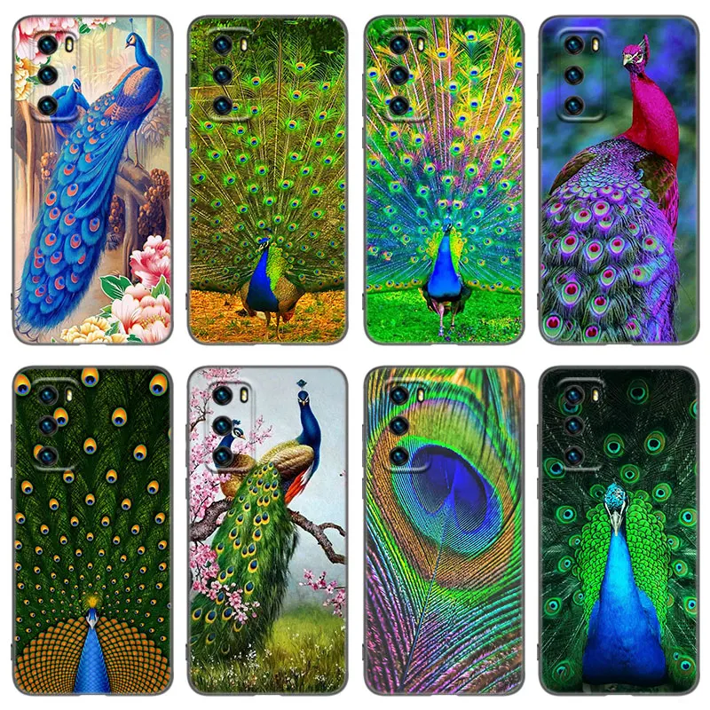 Animal Peacock Pattern Phone Case For Huawei P8 P9 P10 P20 P30 P40 Lite 2017 P50 P Smart Pro Z S 2018 2019 2020 2021 Black Cover