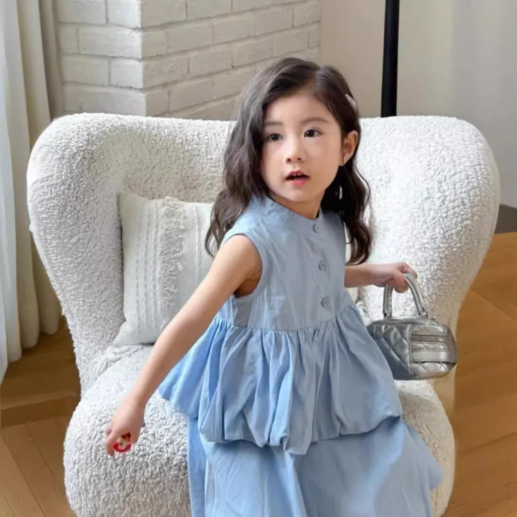 Korean Version Summer New Sweet and Cute Dress for Girls Shirt Cotton Fashion Solid Color Kids Fashion Skirt