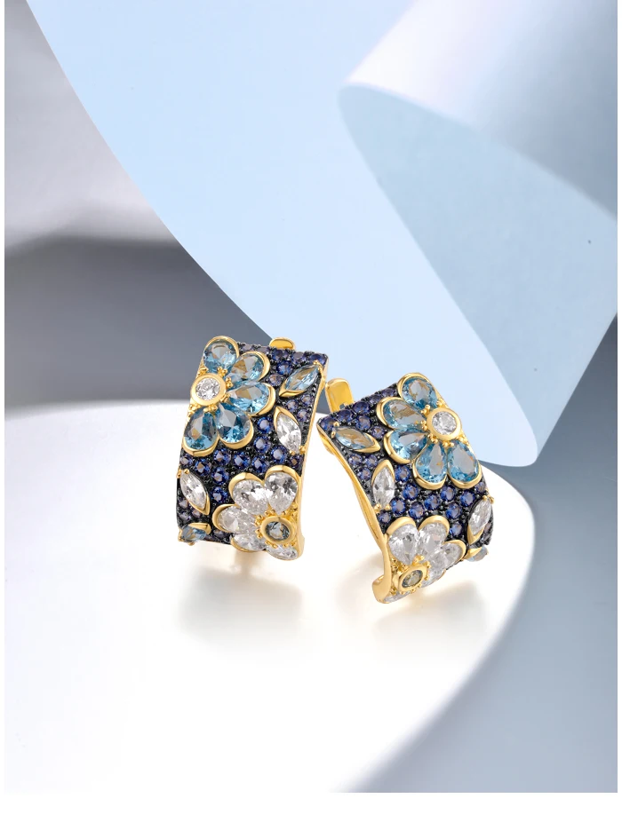 SANTUZZA 925 Sterling Silber Ohrringe für Damen, Funkelnder Schwarzer/Roter/Blauer Spinell, Mehrfarbige Blumen, Hochzeitsgeschenke, Edler Schmuck – Detail 5