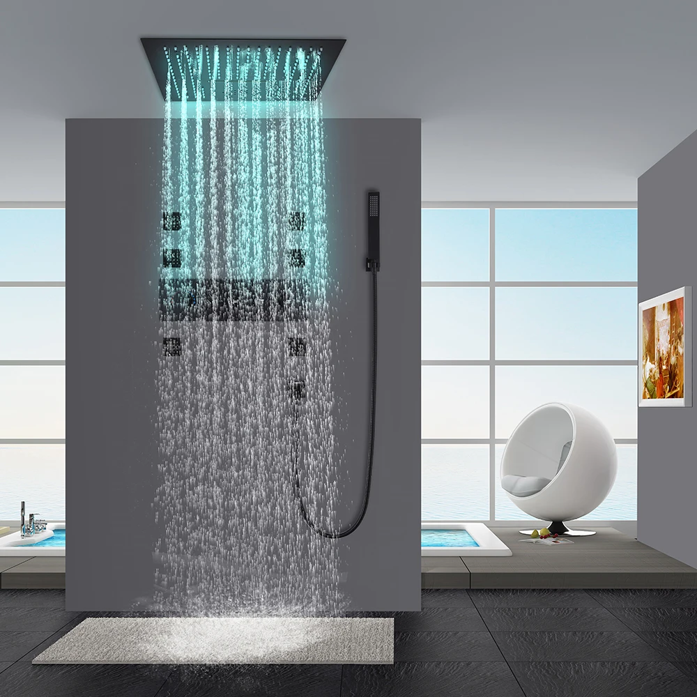 Luxury Wall Mounted Black Thermostatic Led Light Music Rainfall Waterfall Bathroom Shower Set System Shower Combo Set
