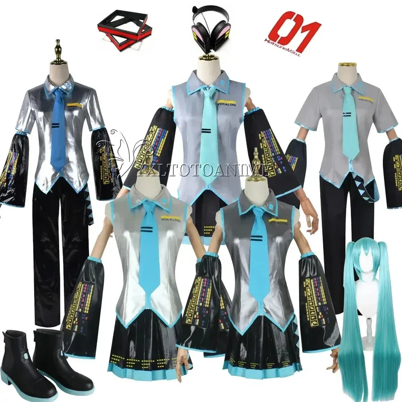 

♥ Новинка 2025 года, полный комплект, серебристо-серый костюм из лакированной кожи, Miku, обувь для косплея, головной убор, костюм для ★ ☆ ly99