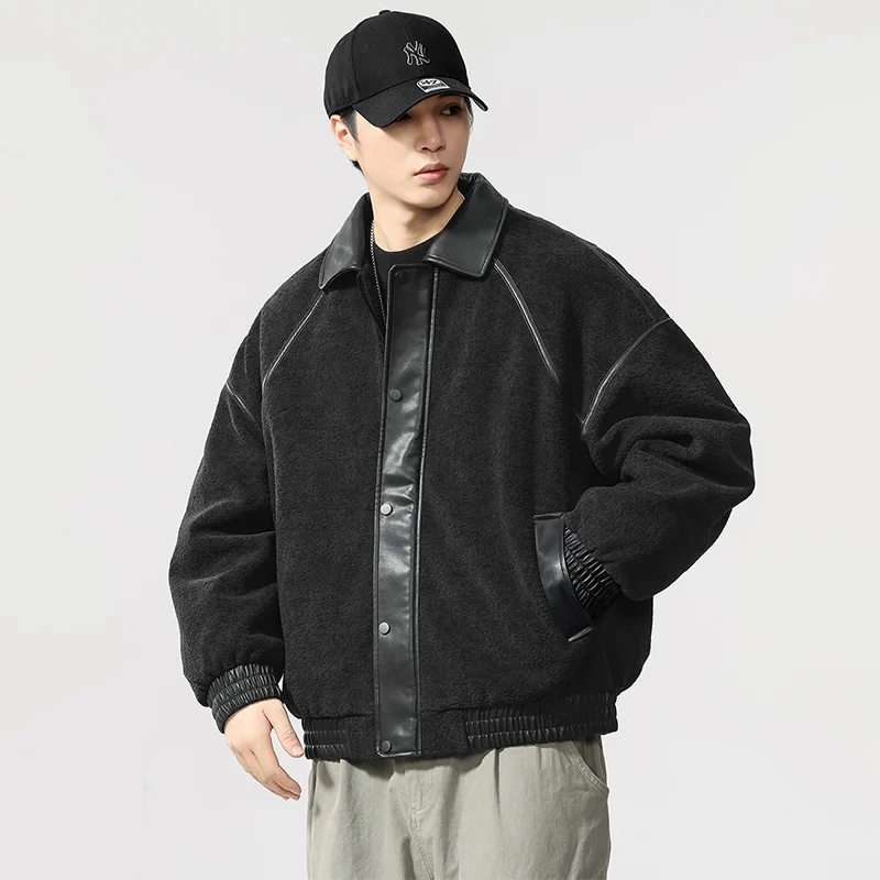 

Fleece Splice Leather Warm Down Jacket Men's Autumn Winter Thicken Loose Casual White Duck Down Bomber Coat Cargo Jacket Tops