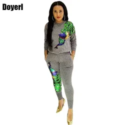 Peacock Sequin Tracksuit Women Sweat Suit 2 Piece Set Fashion Sweatshirts and Elastic Waist Pants Pocket Women's Set Winter Suit