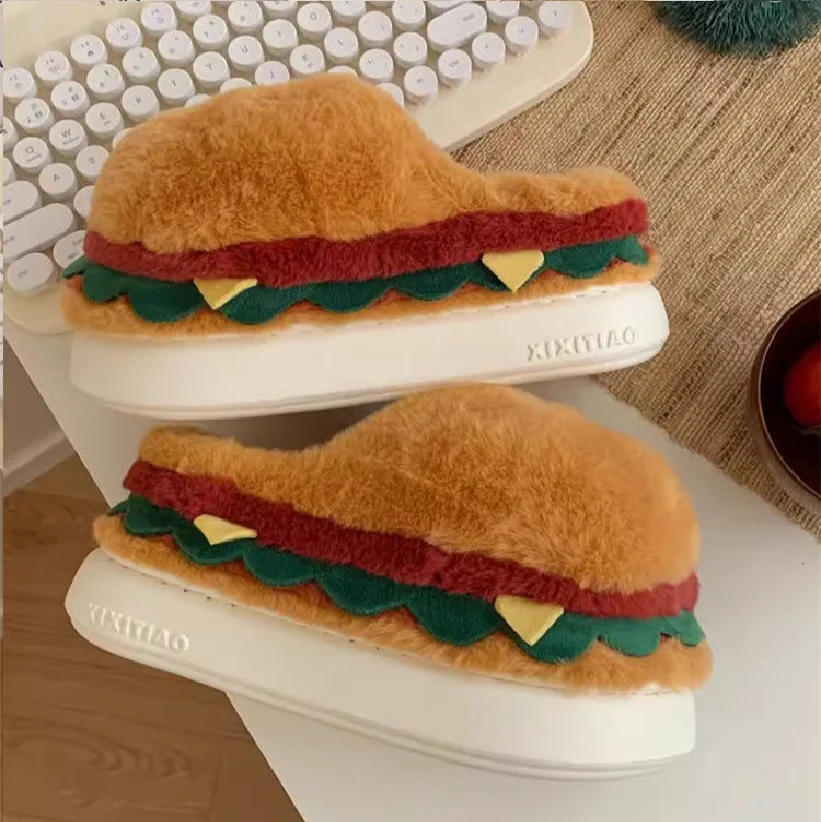 Fuzzy hamburger shoes men 2024 creative indoor slippers winter man half shoes mens slippers unisex home thick warm plush shoes