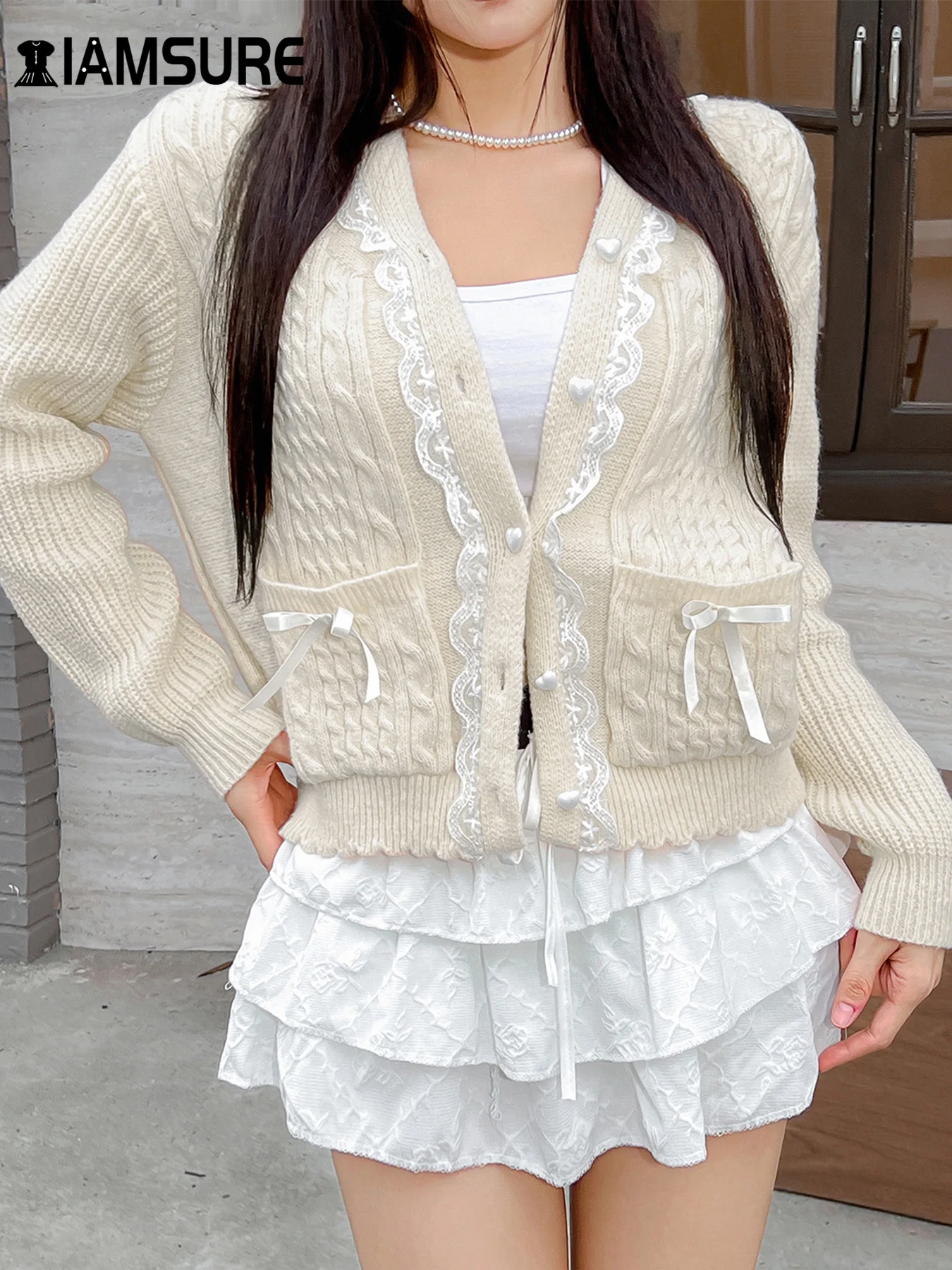 

IAMSURE Sweet Lace Trim Knitted Cardigans Casual Basic V-Neck Long Sleeve Sweaters Coats Women 2024 Autumn Winter Fashion Lady