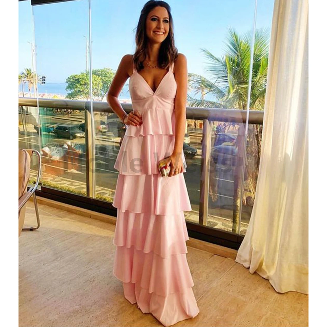 

Elegant V Neck A-Line Tiered Evening Dress Party Gown Customize