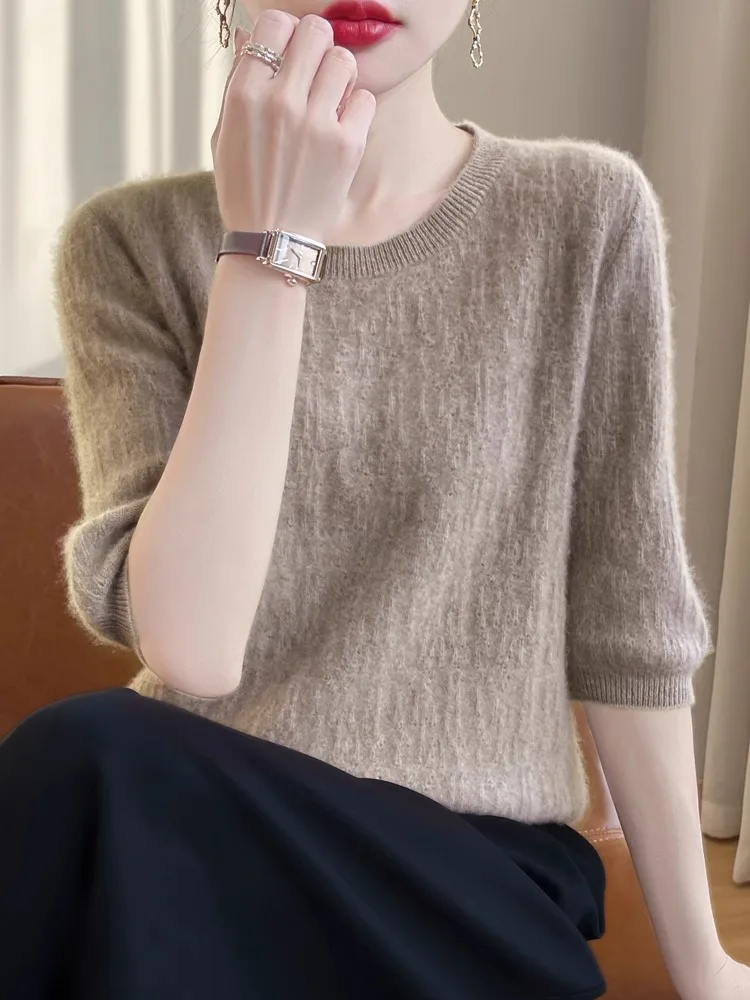 

Women's Five-Quarter Sleeve Knitwear Casual round Neck Top Half Sleeve Base Shirt Suit Inner Wear Spring Autumn New Arrival