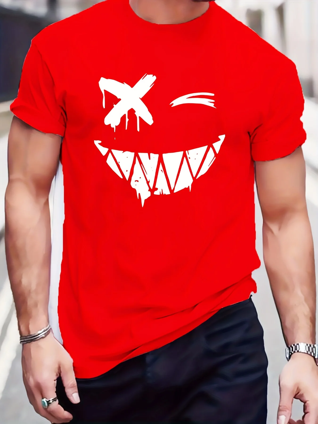 Men's Summer 100% Pure Cotton Fashionable Sports Casual Loose Smiling Face Pattern Print Round Neck Short Sleeved T-Shirt Top