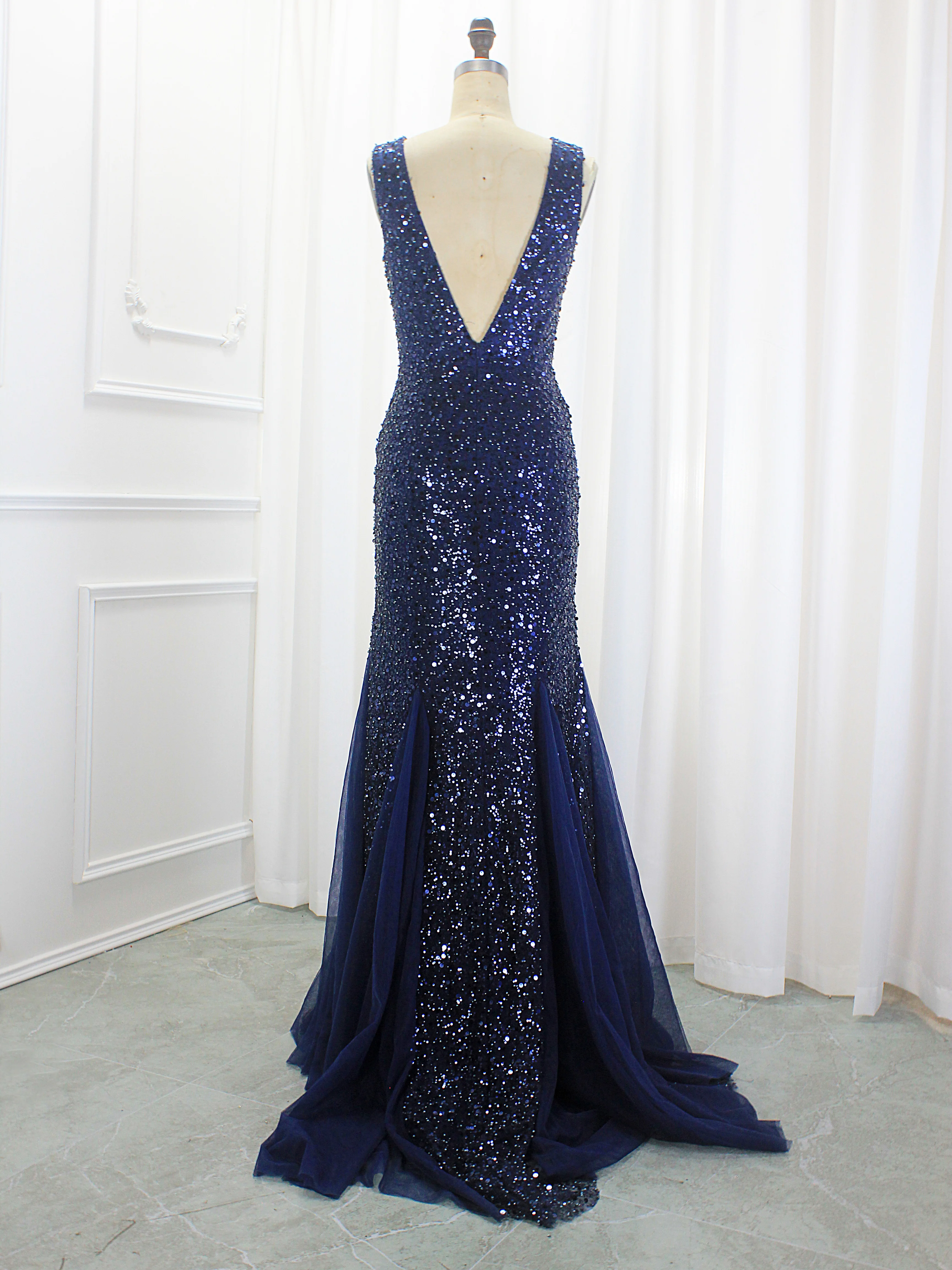 Robe de Soirée de Forme Sirène à Col en V et Manches Luxueuses pour Femme, Tenue de Bal Formelle, Bleu Marine, Perlée, au Meilleur Prix, Offre Spéciale, 2024