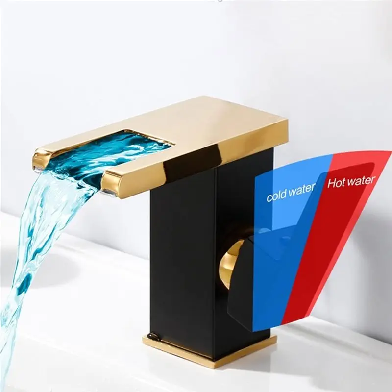 ABKY-Gold LED Bathroom Sink Faucet, Single Handle Waterfall Design Vanity Faucet Color Change Water Flow Hole