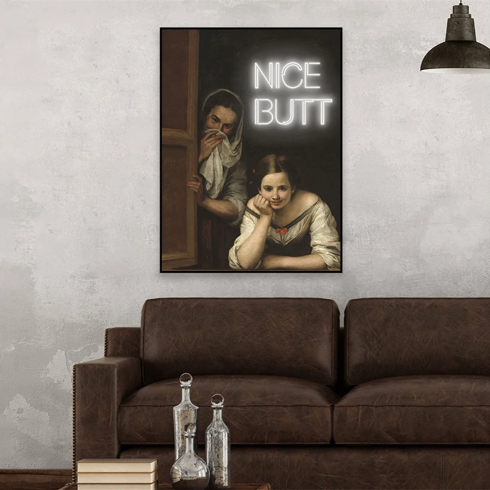 Nice Butt Funny Bathroom Altered Art Poster Vintage Colorful Retro Oil Painting Print Lady Portrait Canvas Painting Toilet Decor