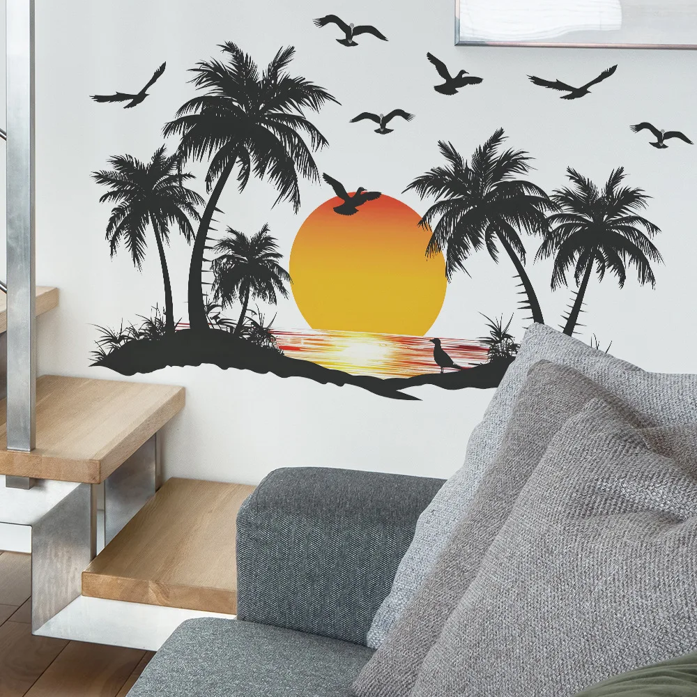 Sunset Coconut Tree Seagull Wall Sticker For Living Room Sofa Background Decoration Mural Bedroom Home Decor Removable Wallpaper