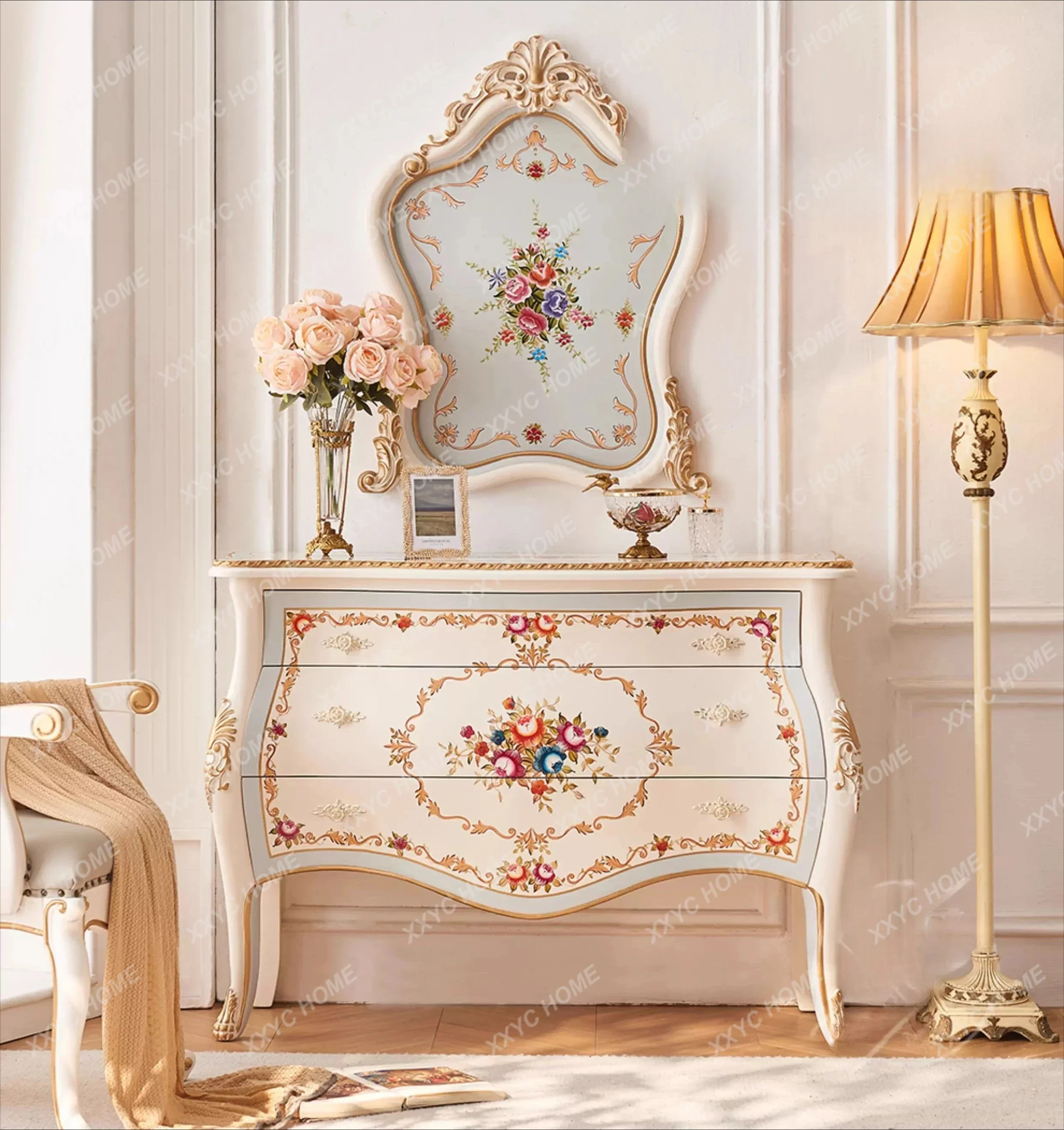 Y1 Bedroom French solid wood storage, bedside bucket cabinet, entrance cabinet, hand-painted rose home decoration cabinet