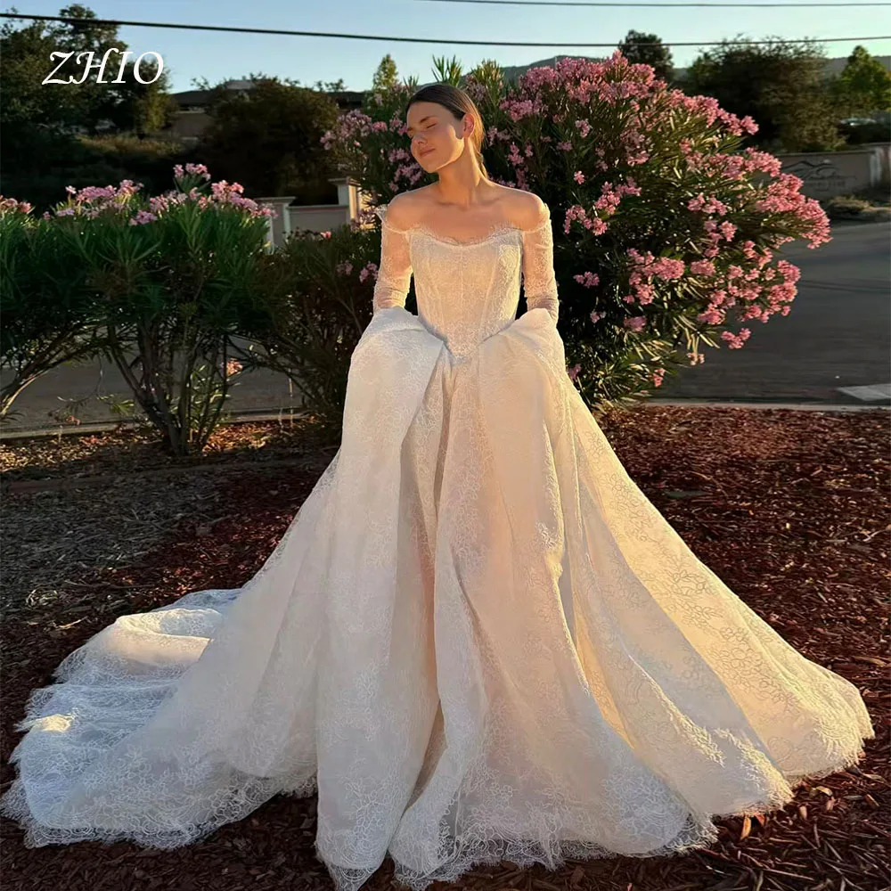 ZHIO Princess Ivory Lace Royal Train Wedding Dress Sweetheart Off Shoulder Draped Fluffy Bridal Gown Customized Robe De Mariée