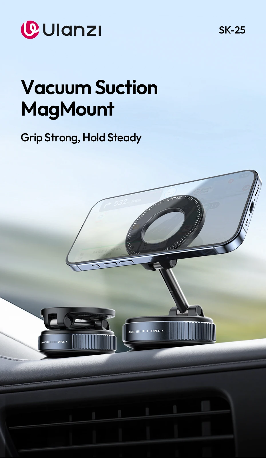Ulanzi SK-25 Handyhalter Vakuumsauger MagMount 360° ° Flexible Anpassung für Smartphone, Autofenster, Armaturenbrett, Livestream Vlog – Detail 1