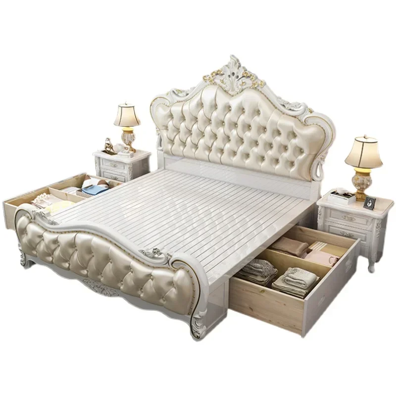 

Leather Aesthetic Bed Modern Storage Nightstands Queen Bed Frame Multifunctional Cama De Lujo Para Dormitorio Home Furniture