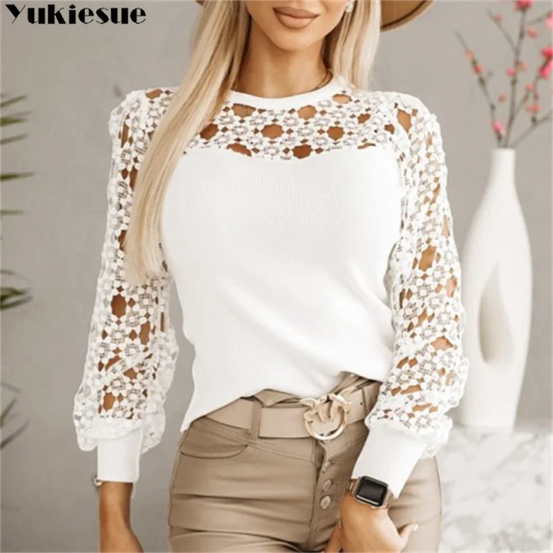 

Элегантные модные кружевные рубашки с вырезами, женская одежда, осень-зима 2024, новые офисные женские белые блузки с v-образным вырезом и рукавами-фонариками