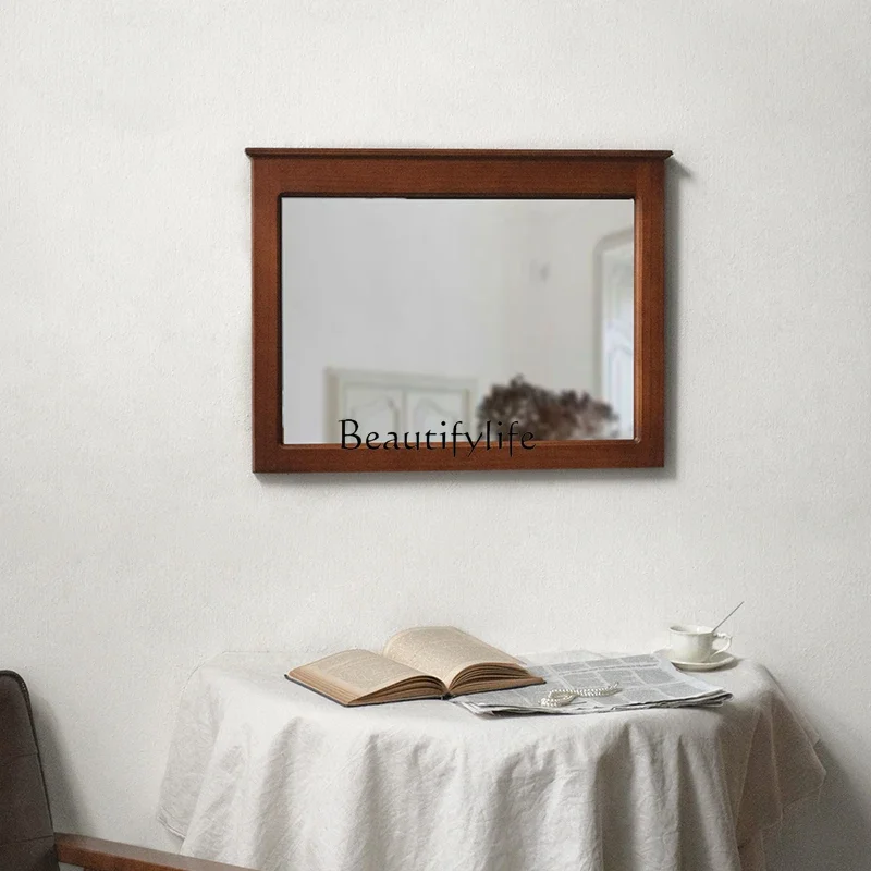 

yj9 Vintage Bathroom Mirror American Style Coffee Shop Decorative Mirror Wall-Mounted Square Solid Wood
