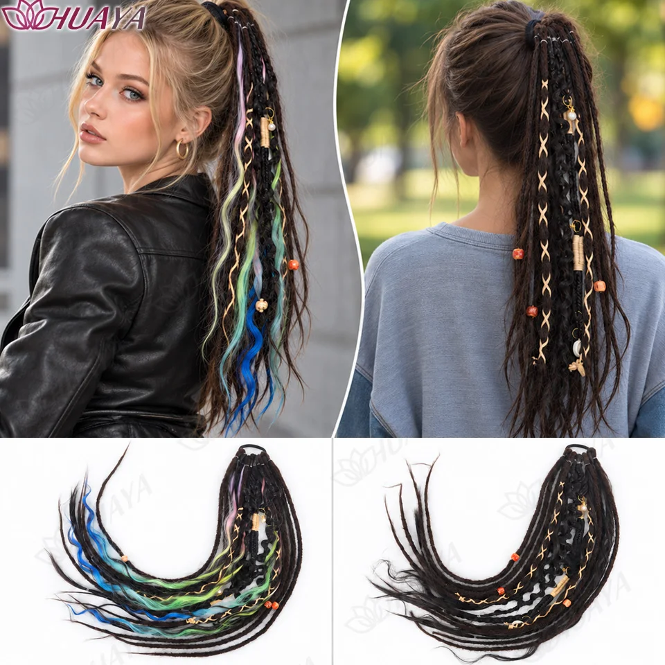 Synthetic Braided Ponytail Extension with Dreadlocks Elastic Hair Tie Boho Festival Hairpiece with Beads for Women