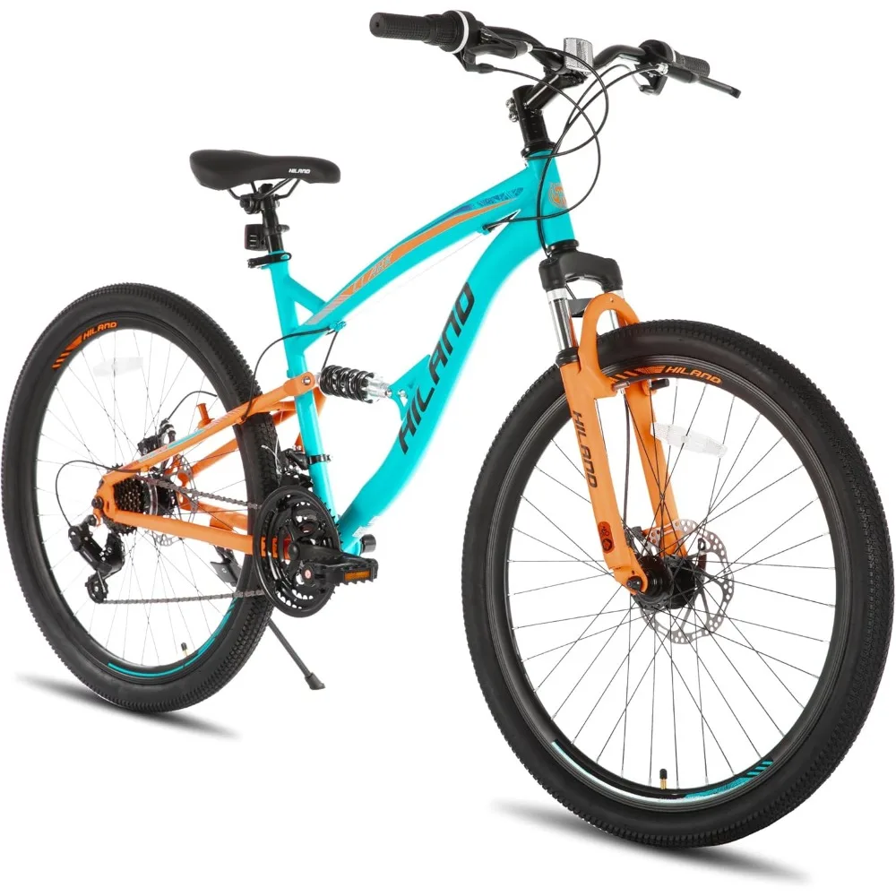

Hiland Full Suspension Mens Mountain Bike, 21 Speed, 26 Inch Wheel, Dual Disc Brake Bike for Men Womens Adult Bicycle