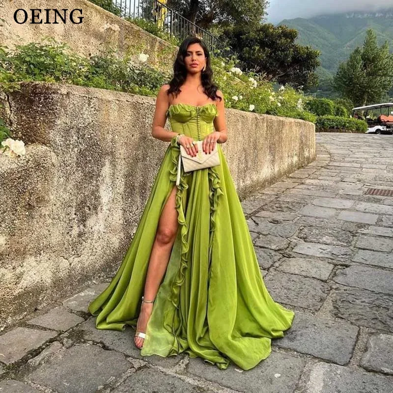 OEING-vestido De fiesta verde elegante con escote corazón, sin tirantes, volantes, abertura lateral, vestido De Noche Formal