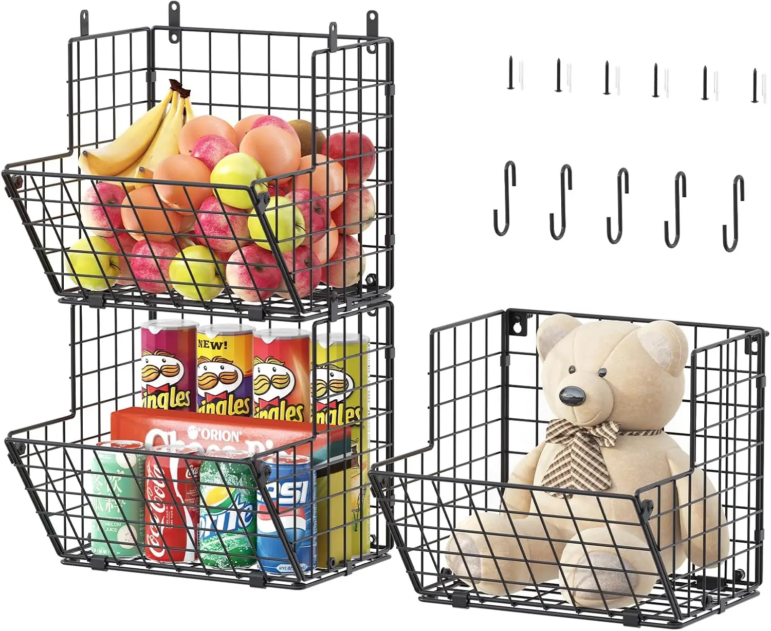 

3-ярусная настенная металлическая корзина из проволоки с 5 крючками, органайзер для хранения на кухне для фруктов, овощей, игрушек, черный цвет