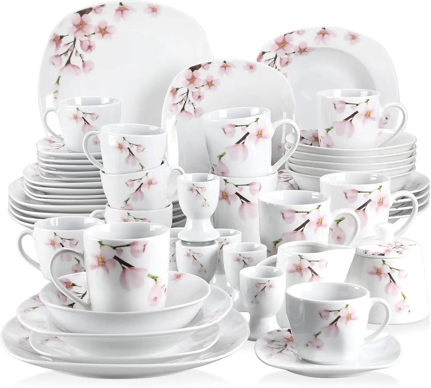 

VEWEET, Series Annie, 50 PCS Floral Dinnerware Sets for 6, Including Porcelain Plates and Bowls Sets with Mugs, Egg Stands