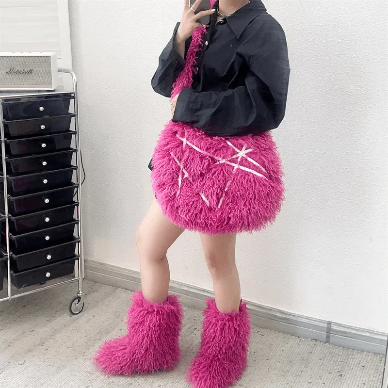 Y2k Punk Women's Set Tote Bag with Snow Boots Winter 2023 Fur Boots Beach Sheep Plush New Sweet Cool Street Style