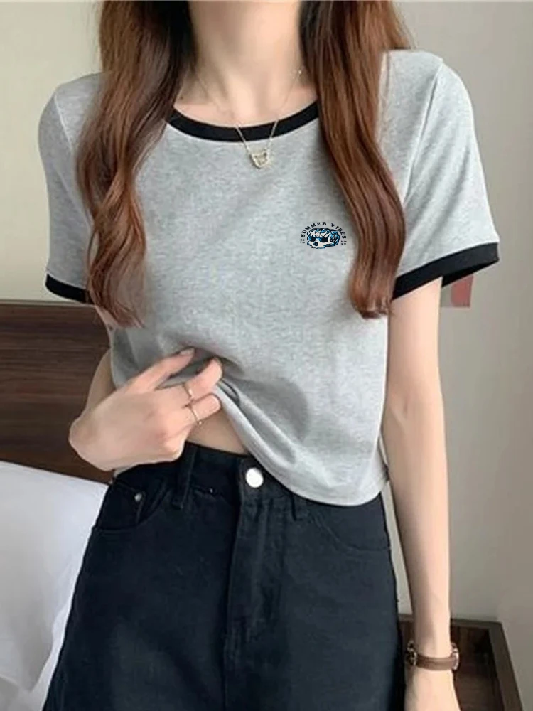 Modische Patchwork T-Shirts Damen Basic Tee Lässige Oversize-Oberteile Hochwertige Unisex Kurzarm-T-Shirts Mädchen Sommerkleidung Tops
