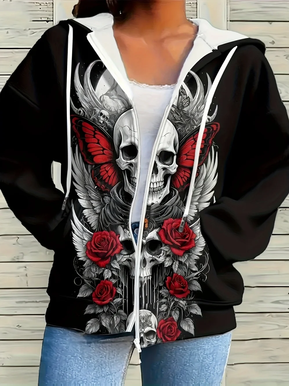 Casaco com capuz e fecho de correr, com estampa 3D de caveira e motivos florais cor-de-rosa, para homem e mulher, de corte folgado e estilo casual, co