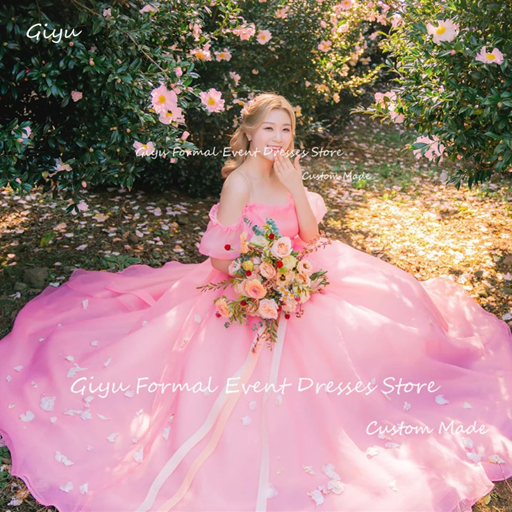 

Giyu Beauty Pink Tulle A Line Wedding Dresses Korea Photoshoot Puff Short Sleeves Floor Length Garden Bride Dress Everning Gowns