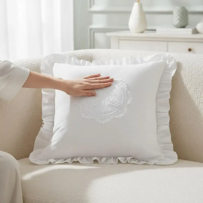 Lotus Frill French Lace Pillow Cover Washed Material Comfortable Embroidered Soft Cushion Cover Bedroom