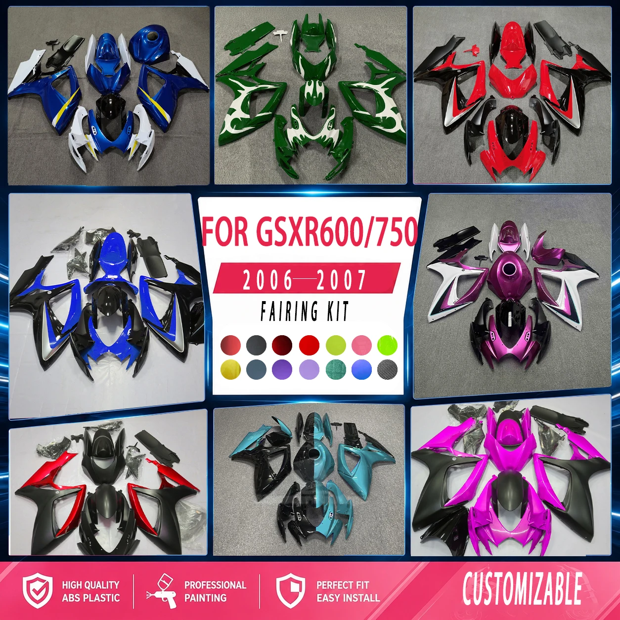 For GSXR600 750 2006 2007 Motorcycle Fairings Kit 06 07 GSXR750 600 Aftermarket ABS Plastic Injection Fairing Set