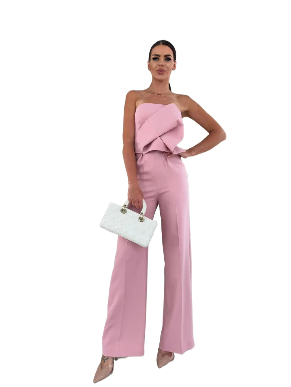 

Elegant Lady Jumpsuits Spring Fashion New Solid Color Irregular Pleated Strapless High Waist Zipper Wide Leg Jumpsuits