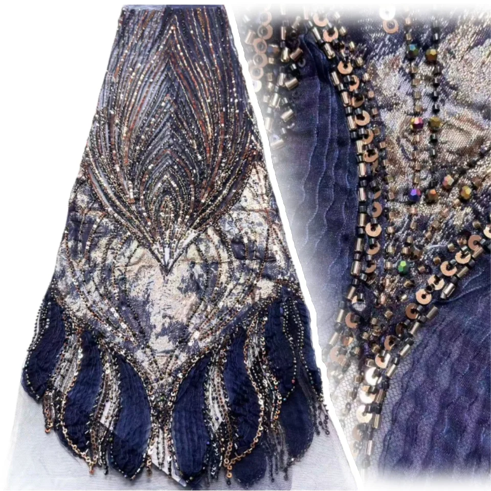 

Latest African Sequins Lace Fabric 2026 High Quality Lace Embroidery Beaded Mesh Fabric 5 Yards for Women Party Dress 1952