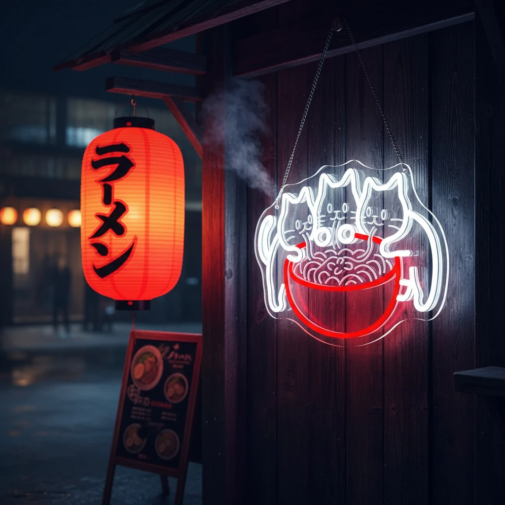 Ramen Cat Noodles Neon Sign - Dimmable Carving LED Light, Wall Decor for Ramen Restaurant, Dining Hall, Kitchen & Man Cave Decor