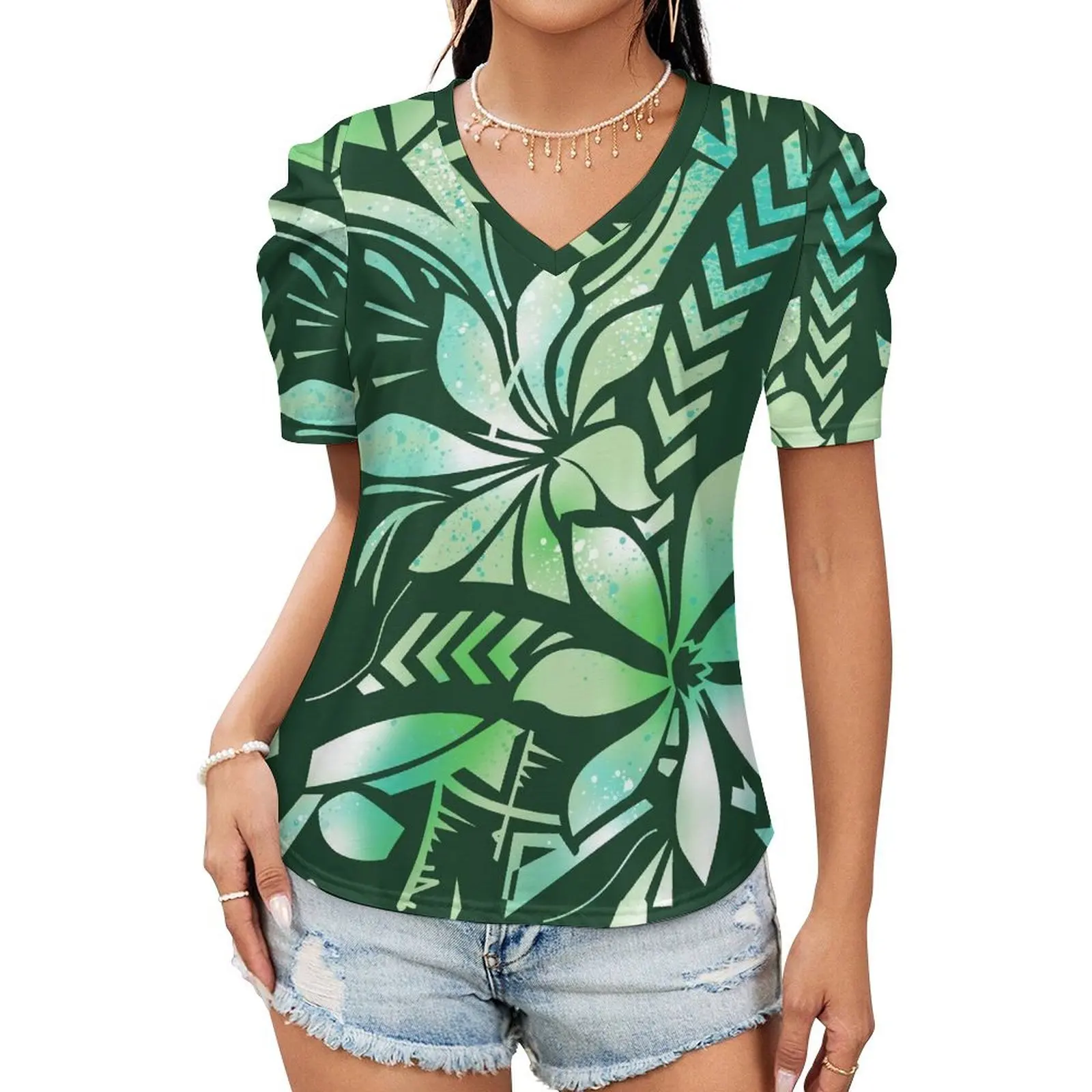 High Quality Wholesale Custom Print Hawaiian Island Polynesian Tribal Design Women T-Shirts V Neck Plus Size Polyester T Shirt