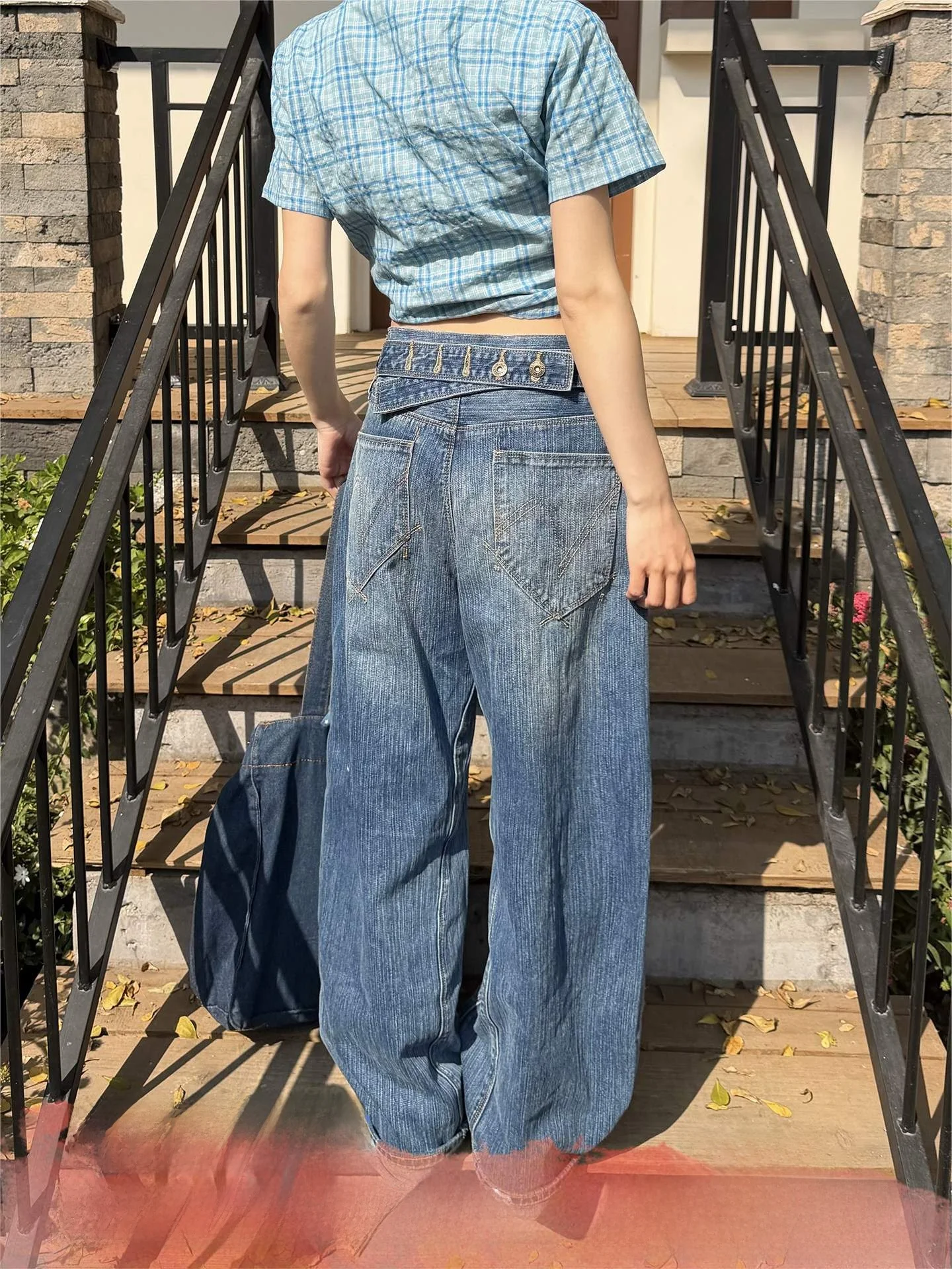 

Don Cry Bamboo Node Pattern Paris Buckle Design Jeans Loose Straight Leg Wide Leg Pants for Men And Women Casual Wear