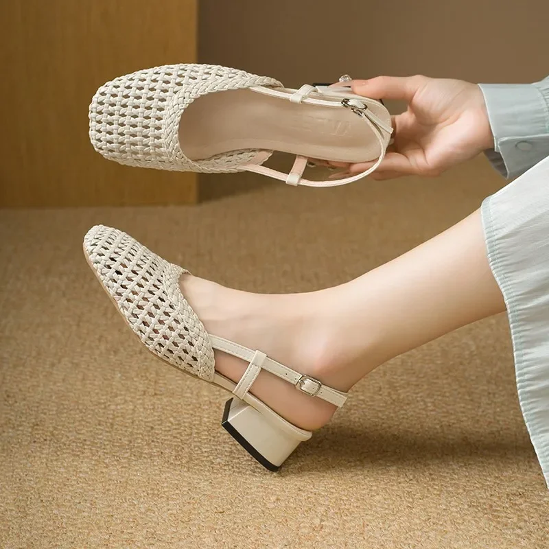 

New Summer Women's Sandals Medium Heel Fashionable Braided Mesh Upper Back Strap Women's Shoes Comfortable Sandalias De Mujer