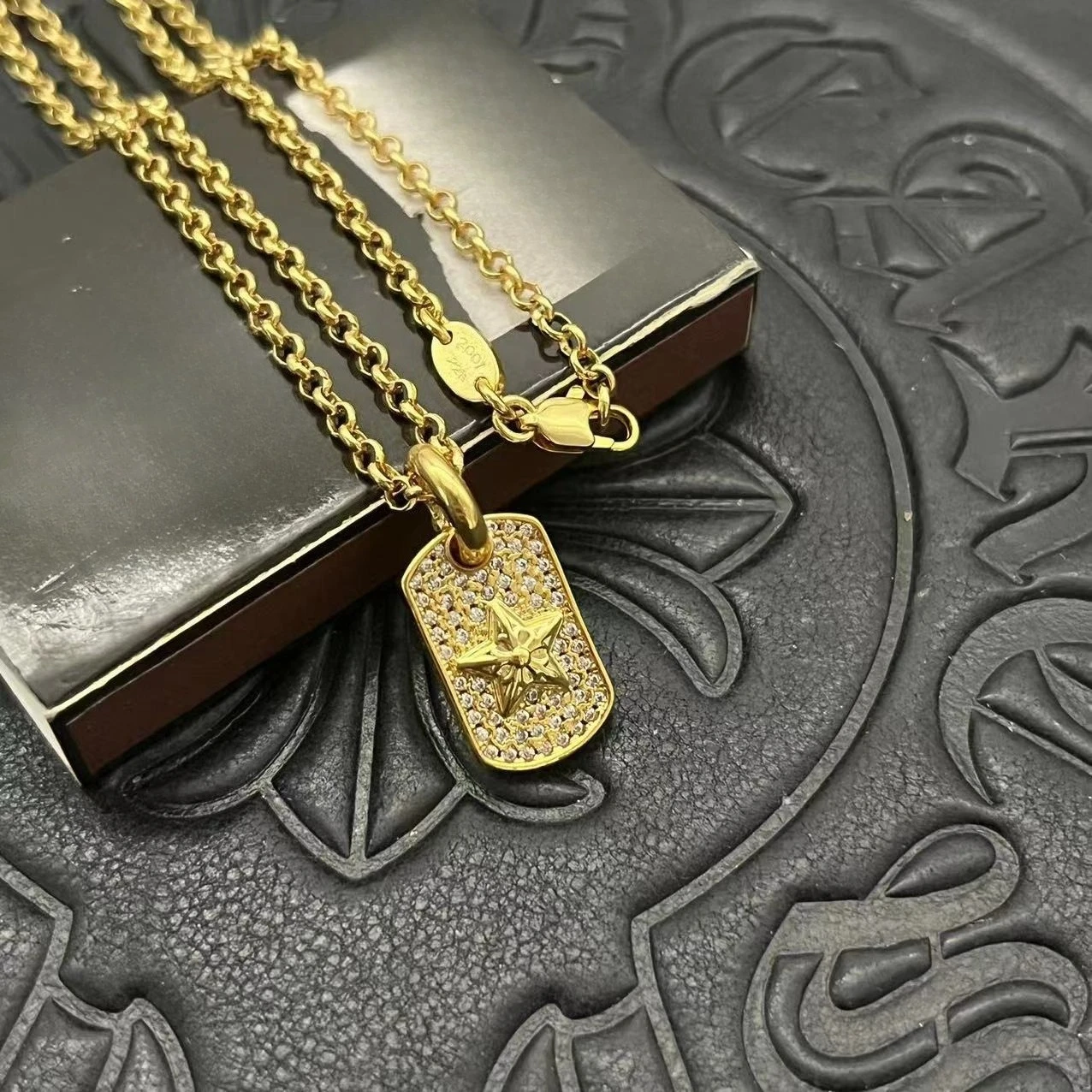 

S925 Sterling Silver Jewelry Punk Hip Hop Gold Pentagram Small Hang Tag Military Brand Necklace