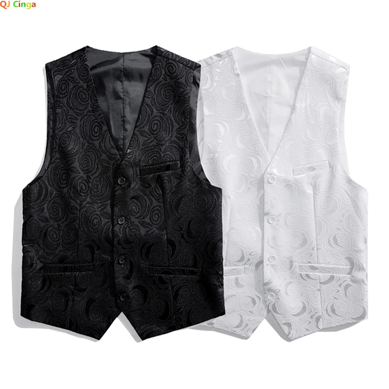 

Roses Embroidered V-neck Sleeveless Vest Jacket Men White,Black Single-breasted Button Suit Vests Plus Size M-8XL Male Waistcoat